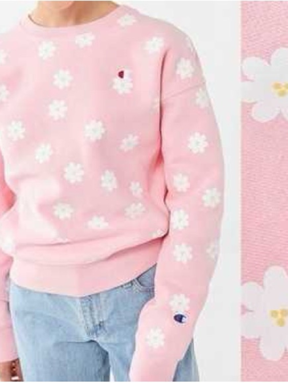 🌼 All Over White Daisy Print Pink Champion Sweatshirt Size Small